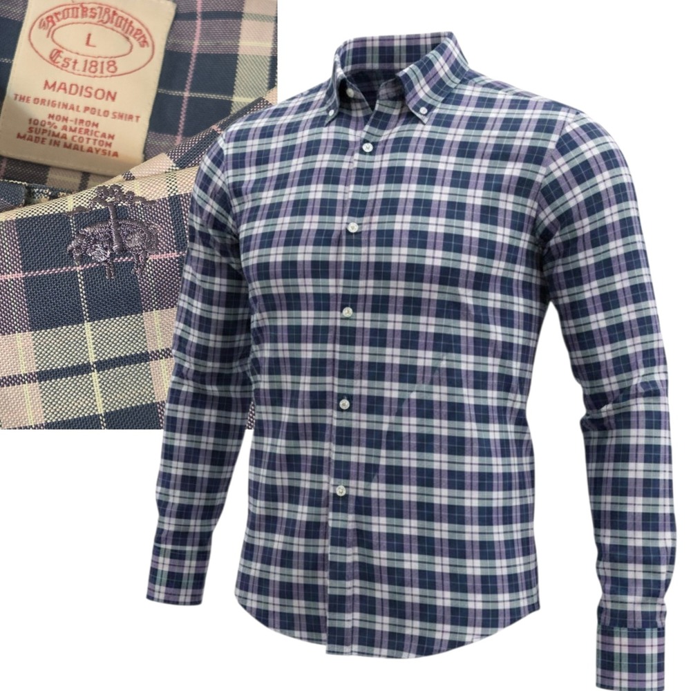 Brooks Brothers Dress Shirt Men L Blue Plaid Madison Fit Non-Iron Supima Cotton